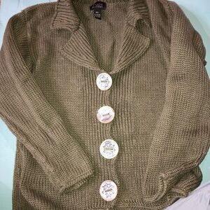 Pure Handknit Olive Green Chunky Button Knit Cardigan Medium Large Cotton